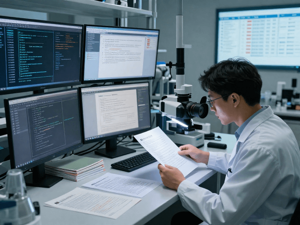 Expert conducting document fraud detection in a high-tech forensic lab with advanced technology.