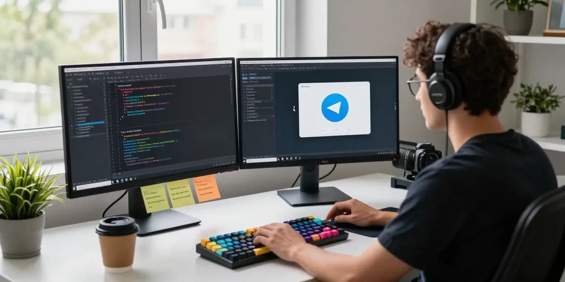 Developer customizing Telegram Chinese interface in a modern tech workspace focused on productivity.