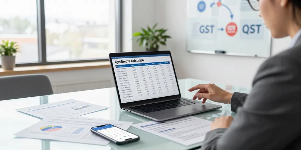 Efficient workspace featuring a Quebec sales tax calculator 2026, with laptop and tax documents showcasing important tax rates and calculations for clear understanding.