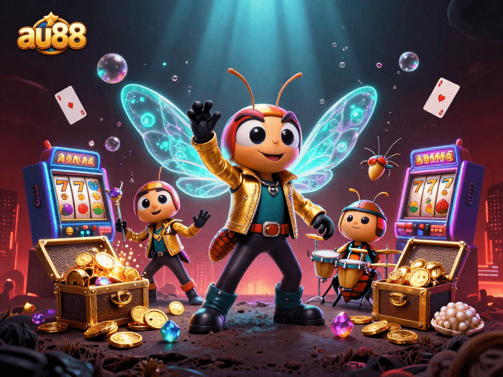 Engage with au88 slots featuring a cicada rock star amidst bursting treasures and vibrant casino elements.
