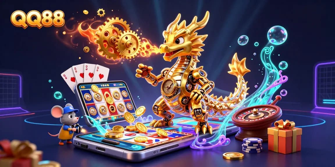 Engage with QQ88's thrilling golden dragon and enchanting casino games in this captivating illustration.