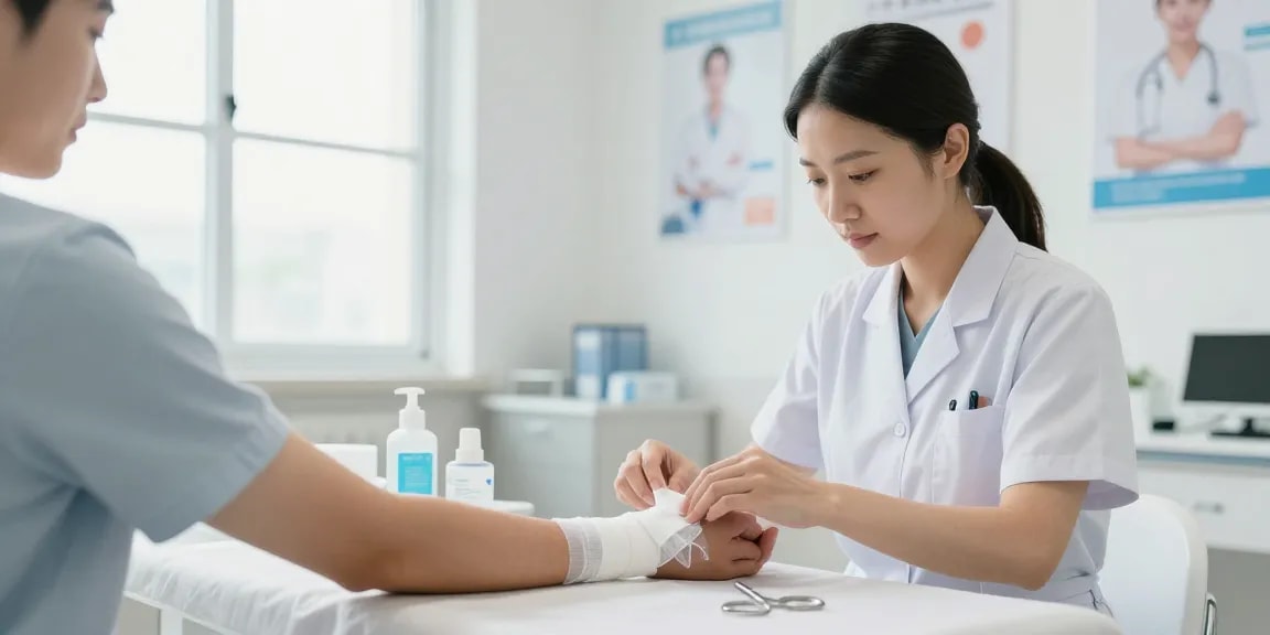 Applying gauze bandages in a clean healthcare setting, emphasizing patient care and recovery.