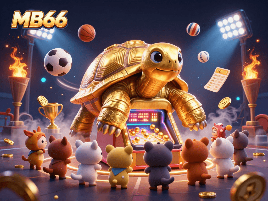 Experience thrilling gaming at MB66 with a vibrant casino scene featuring a golden tortoise pinball machine.