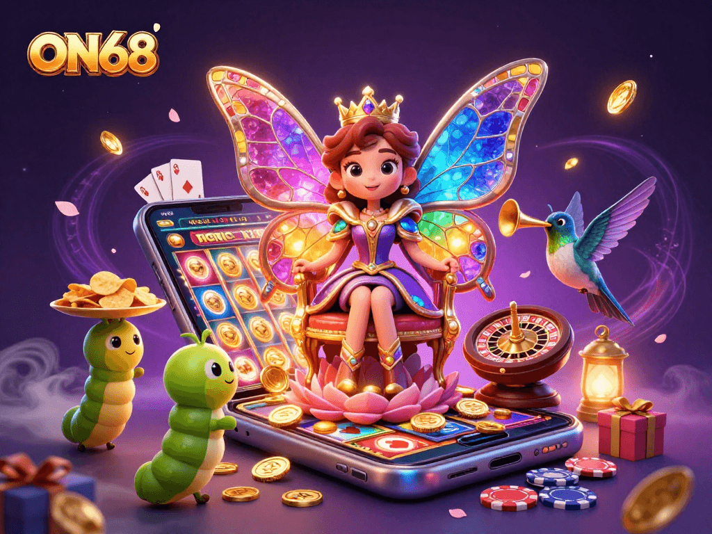 Experience ON68's thrilling gaming universe with a dazzling butterfly queen amid vibrant casino elements.
