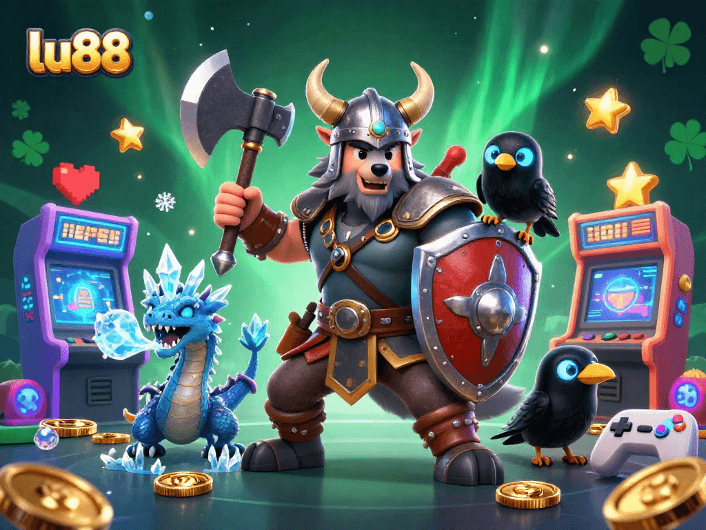 Win big with lu88's dynamic gaming scene featuring vibrant arcade machines and magical creatures.