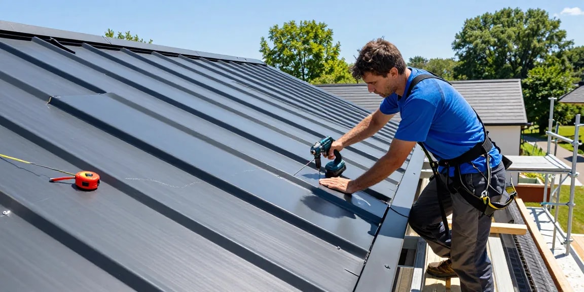 Standing seam roof installation with contractor on modern residential home, showcasing metal panels and tools for precision.