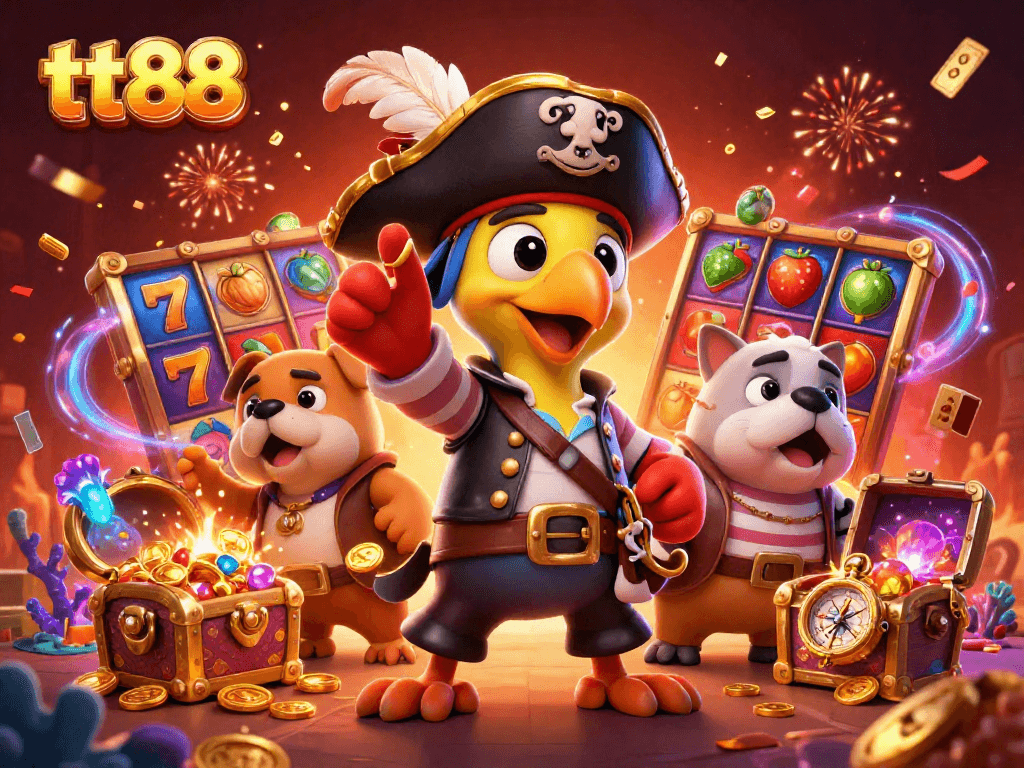 Experience the excitement of tt88 with this vibrant, ultra-detailed 3D illustration of characters surrounded by lively casino elements.
