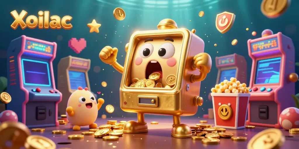 Xoilac slot machine celebrates jackpot success with cheering baby machines and golden coins.