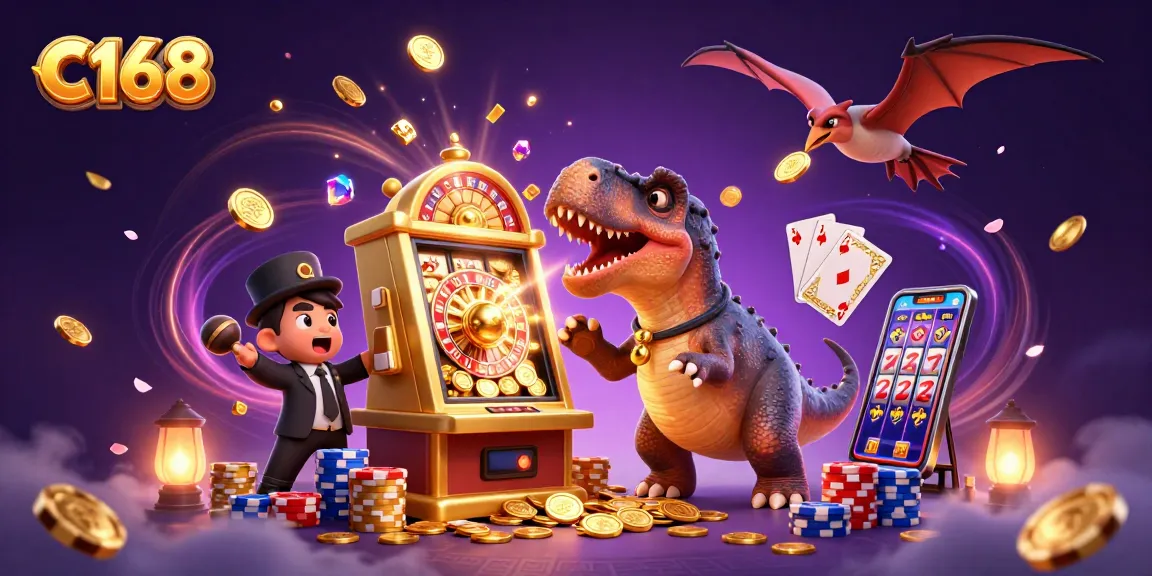 C168 offers a thrilling gaming experience with a dinosaur headbutting a jackpot slot machine amid cascading coins.