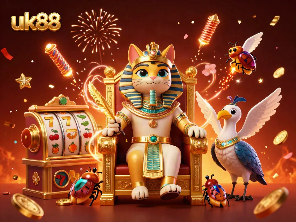 Experience thrilling gameplay at uk88 with a majestic pharaoh cat and vibrant symbols amidst a festive atmosphere.