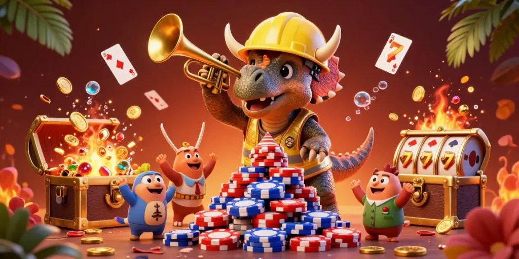 Engage with 78win's dynamic casino scene as a triceratops builds a poker chip pyramid.