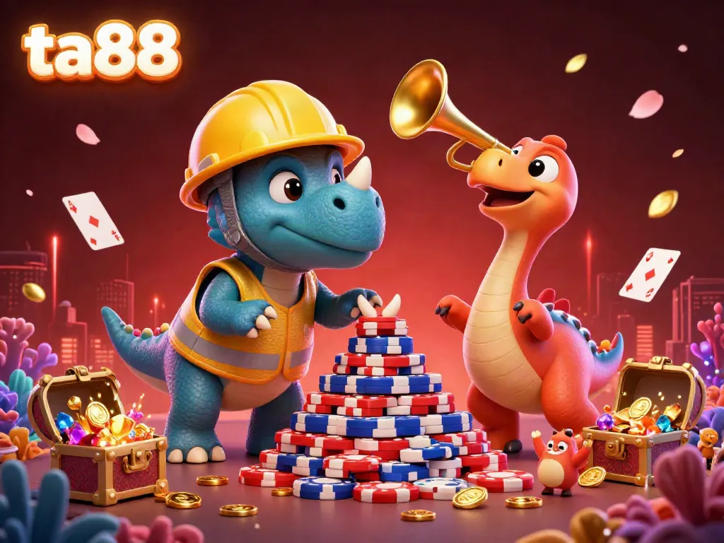 Engage in thrilling casino adventures at ta88 with a vibrant 3D scene featuring dynamic characters celebrating among treasure and gaming elements.