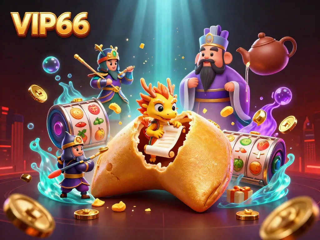Engage in thrilling gameplay at VIP66 with fortune cookies, vibrant slot reels, and gold treasures.