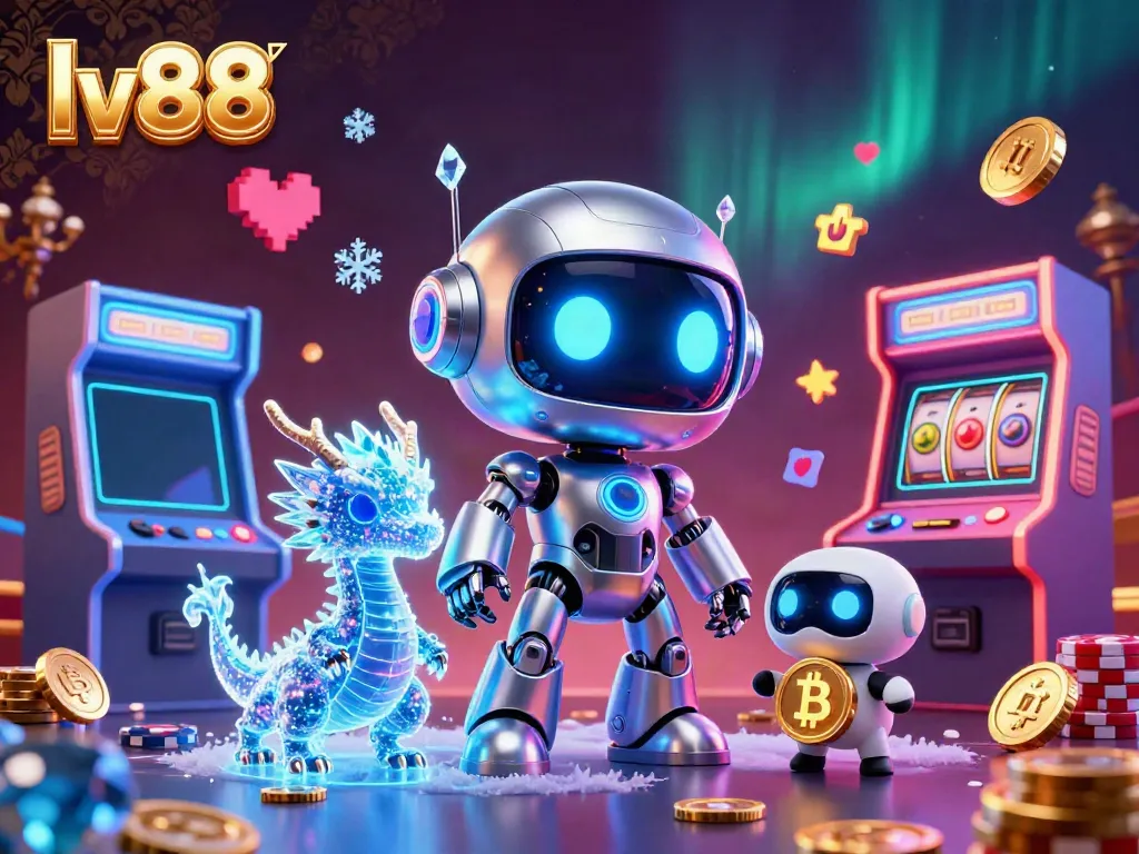 Join the action at lv88 where a vibrant robot mascot, a holographic dragon, and a drone celebrate gaming excitement.