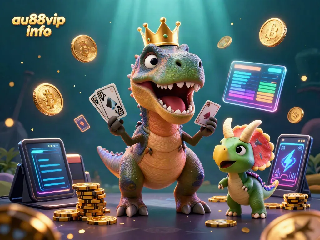 Engage in thrilling gameplay at au88vip info with adorable T-Rex and friends as they shuffle cards and stack chips.