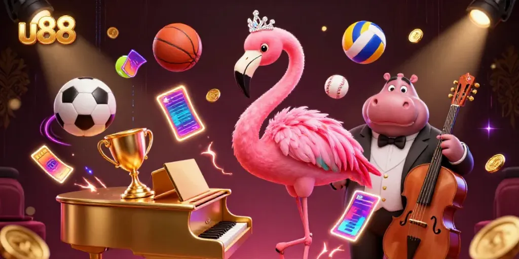 Experience thrilling games at u88, featuring a vibrant casino scene with cartoon characters amid dynamic sports elements.