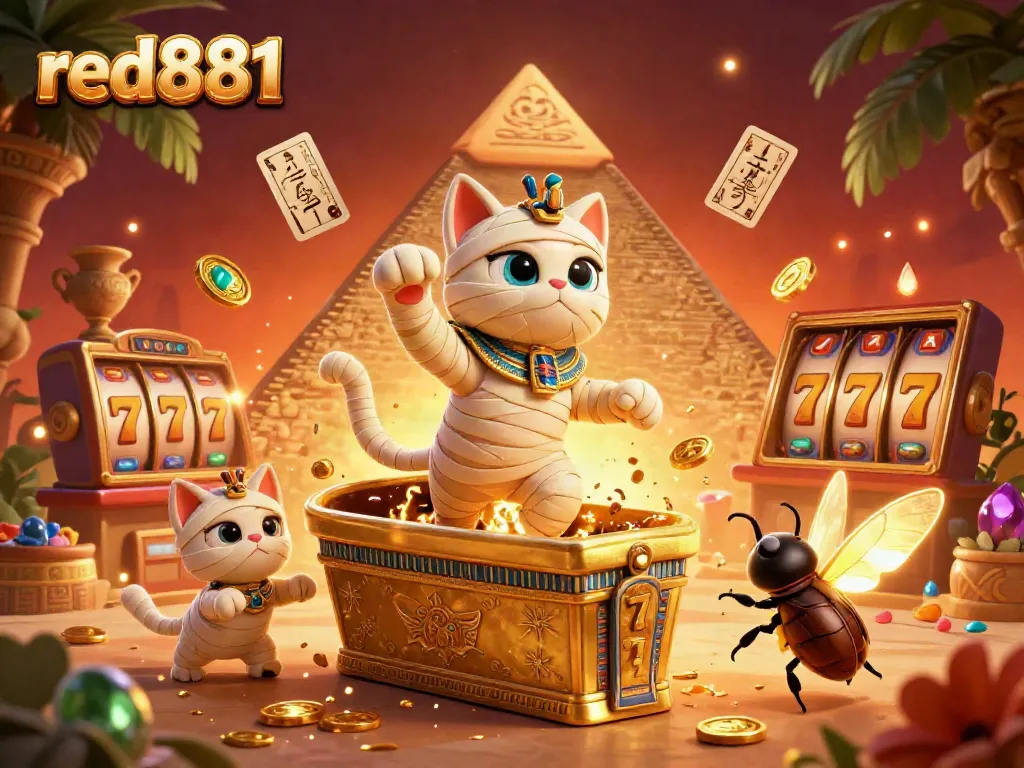 Experience winning action at red881 with an Egyptian mummy cat in a dynamic casino setting.