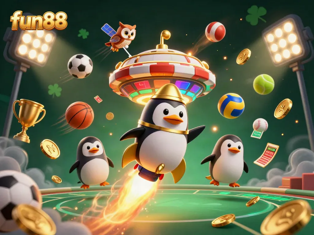 Experience the thrill of fun88 with a dynamic space-themed casino illustration filled with sports elements.