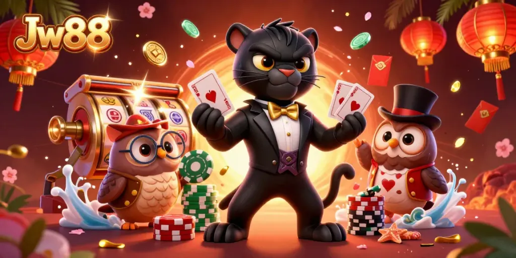 Experience the thrilling world of Jw88 as the stylish panther deals cards amidst a vibrant slot scene.