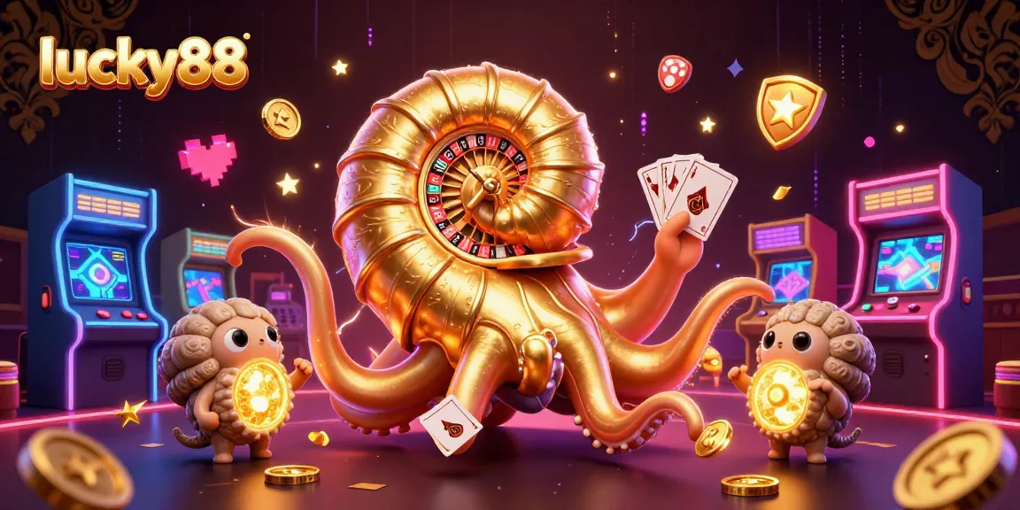 Engage with exciting gameplay at lucky88, featuring a vibrant 3D casino scene with a giant nautilus and glowing arcade machines.