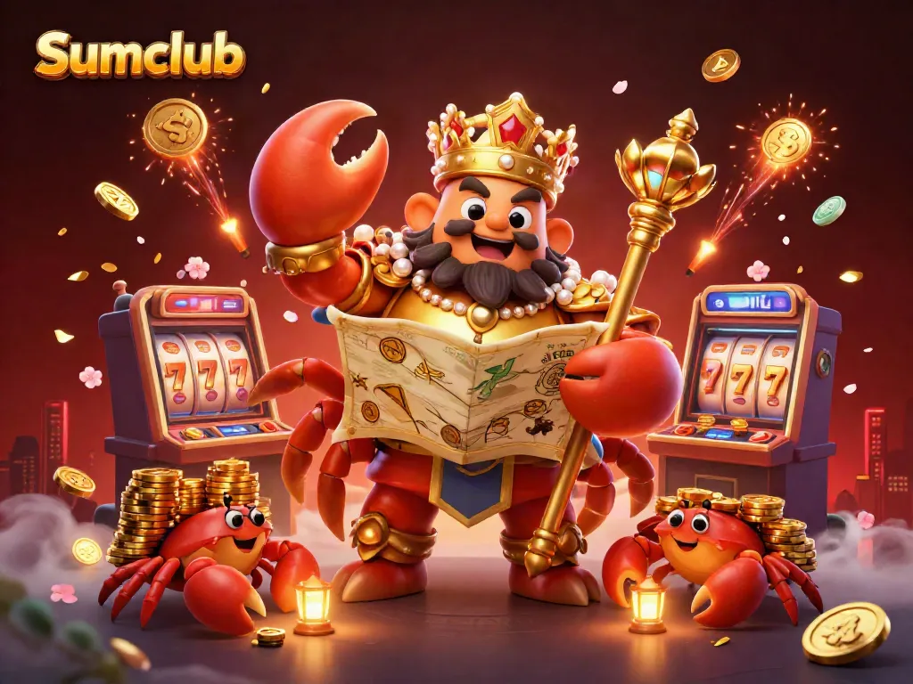 Experience excitement with the Sumclub crab emperor amidst slot machines and festive decorations.