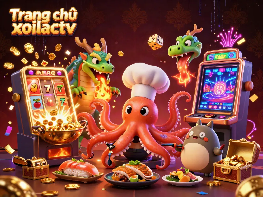 Experience thrilling gaming action at Trang chủ xoilactv with vibrant characters, golden dishes, and jackpot excitement.