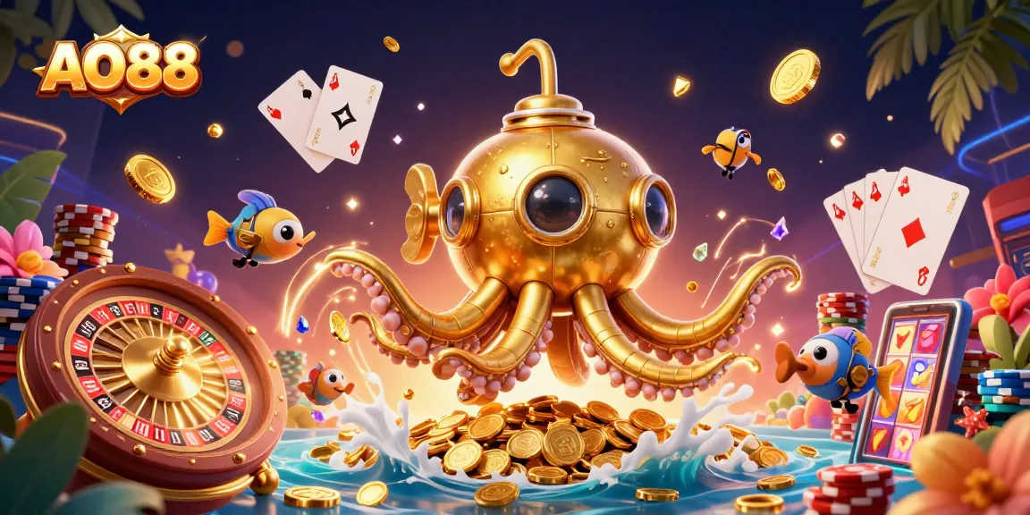 Experience exciting gaming at AO88 with a golden kraken submarine and casino elements in a vibrant scene.