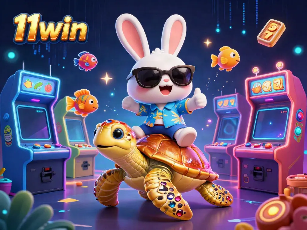 Engage with the luck and excitement in 11win’s vibrant casino world featuring a lucky rabbit riding a golden turtle.
