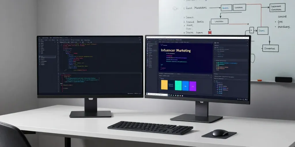 plateforme influenceurs YouTube software development environment with dual monitors, coding setup, and analytics dashboard