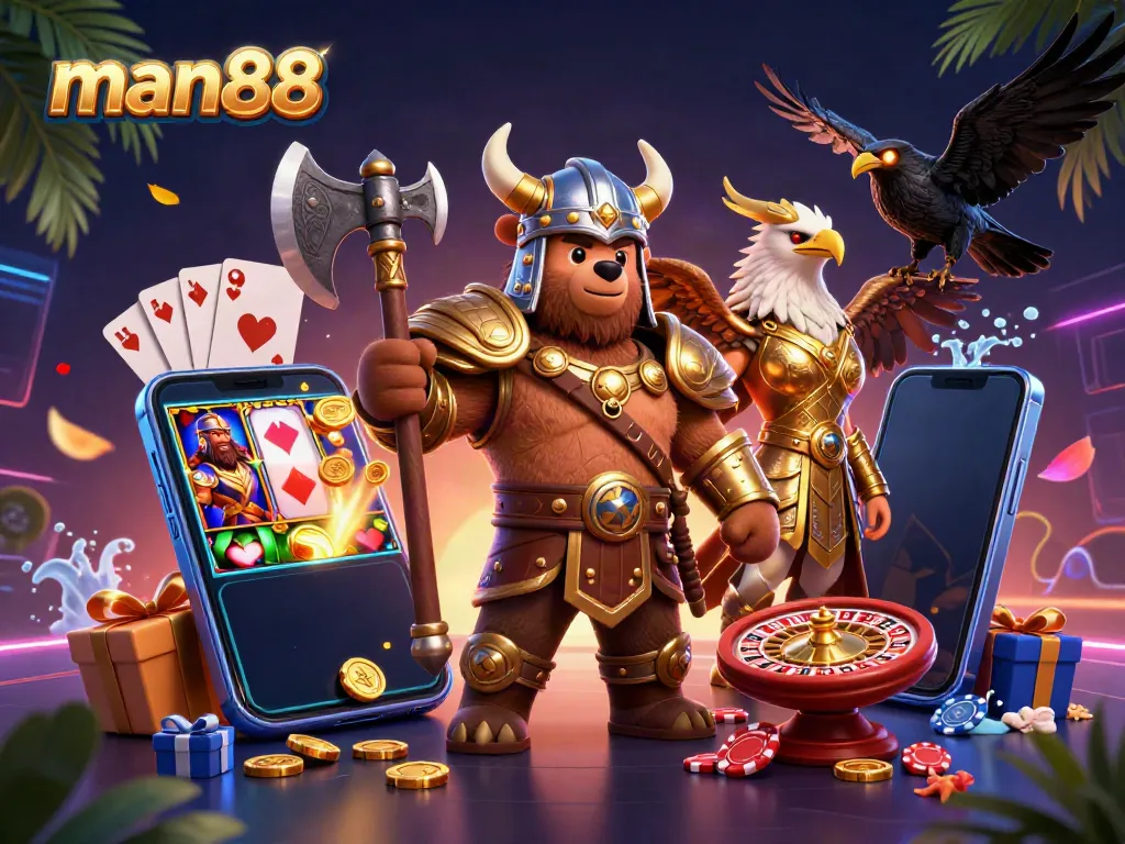 Experience thrilling moments at man88 with a 3D Viking and eagle amidst casino games and vibrant elements.