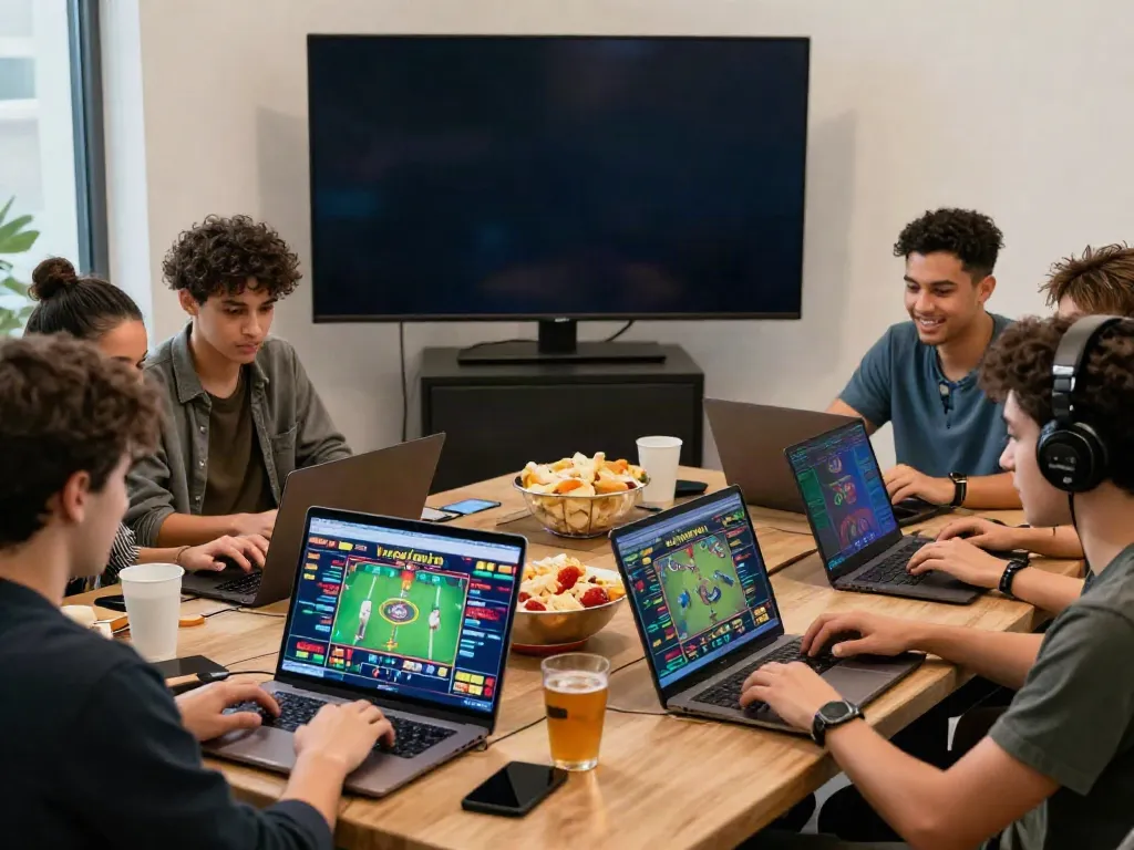 Engaging online gaming session at https://du88az.net/ with friends around laptops.