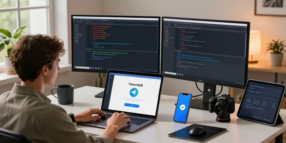 Configuring Telegram中文 on a laptop in a modern tech workspace, showcasing language settings and a vibrant atmosphere.