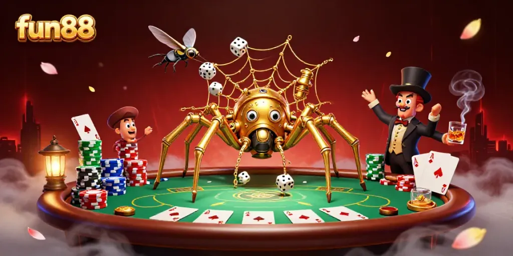 Engage with fun88's vibrant steampunk-themed illustration showcasing a golden spider and amusing characters in a dynamic casino setting.