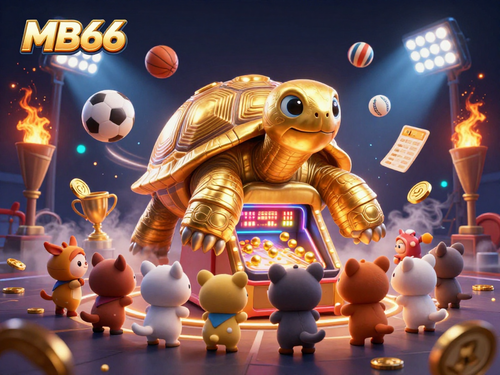 Experience thrilling gaming at MB66 with a vibrant casino scene featuring a golden tortoise pinball machine.