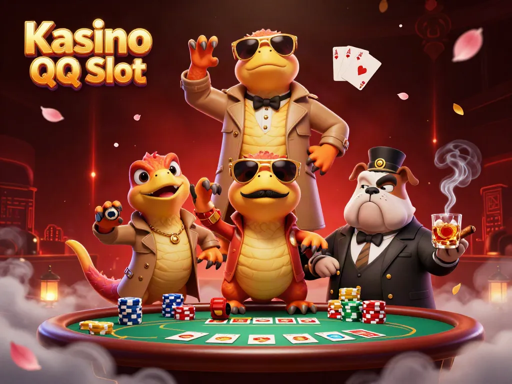 Experience thrilling moments at Kasino QQ Slot with three raptors humorously disguised and eye-catching poker elements.