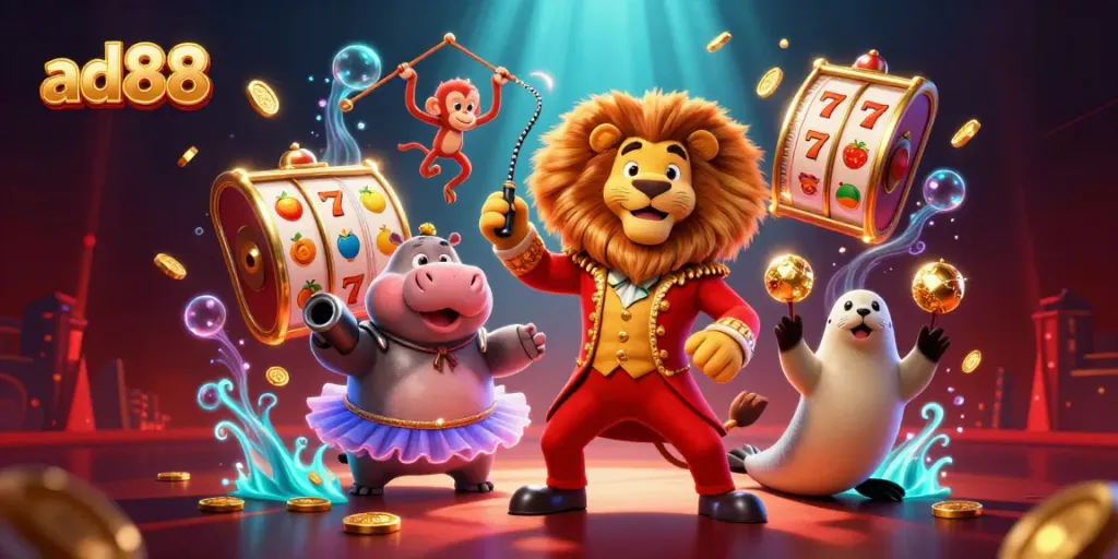 Explore the thrilling world of ad88 with an engaging circus scene featuring lively characters and casino elements.