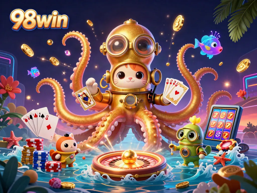 Engage with 98win's exciting world showcasing a kraken guarding treasures in this vibrant casino scene.