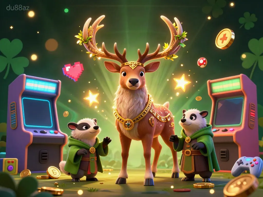 Engage with entertaining gaming elements at du88az, featuring a Celtic stag and a badger in a lively casino setting.