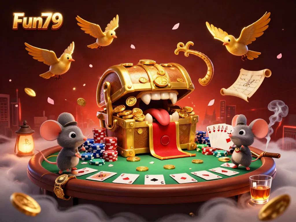 Engage with Fun79's vibrant casino experience, featuring golden treasure and poker elements.