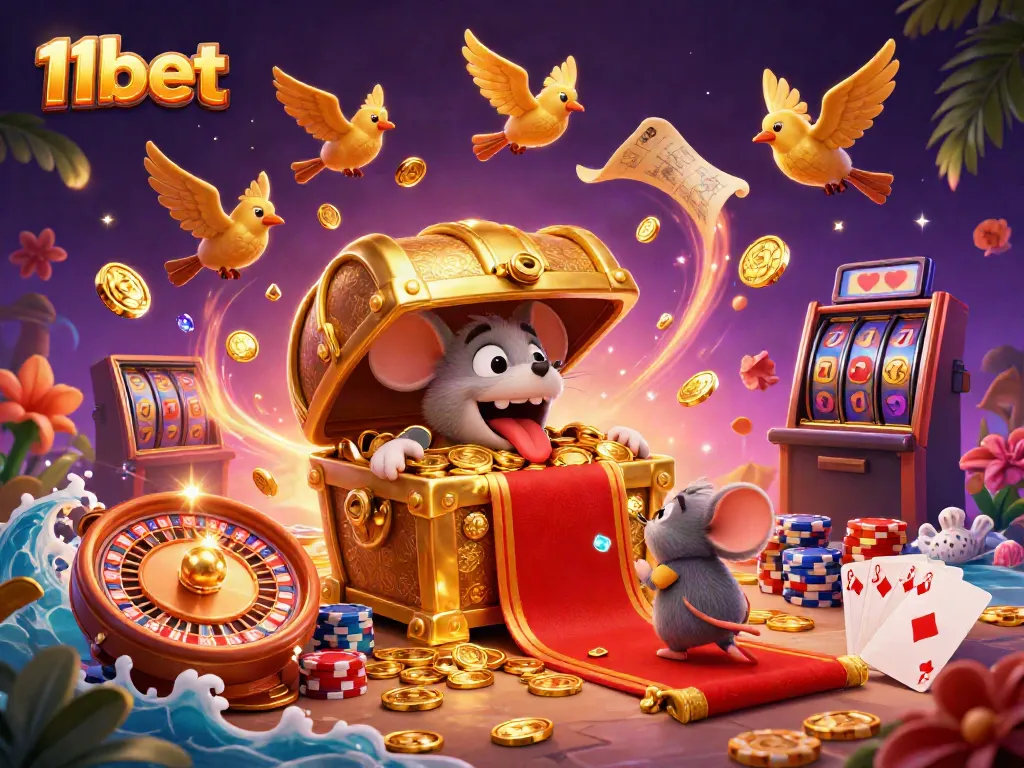 Experience the thrill of winning with 11bet's vibrant casino scene featuring slots, roulette, and golden treasures.