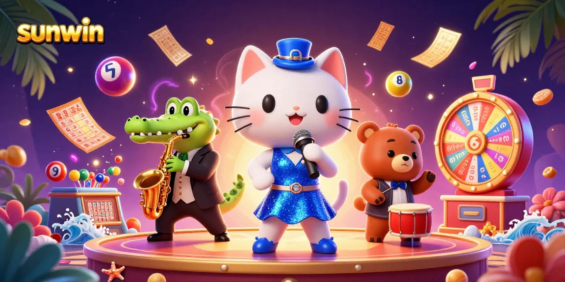 Play exciting games at sunwin, featuring immersive 3D casino characters and vibrant lottery elements.