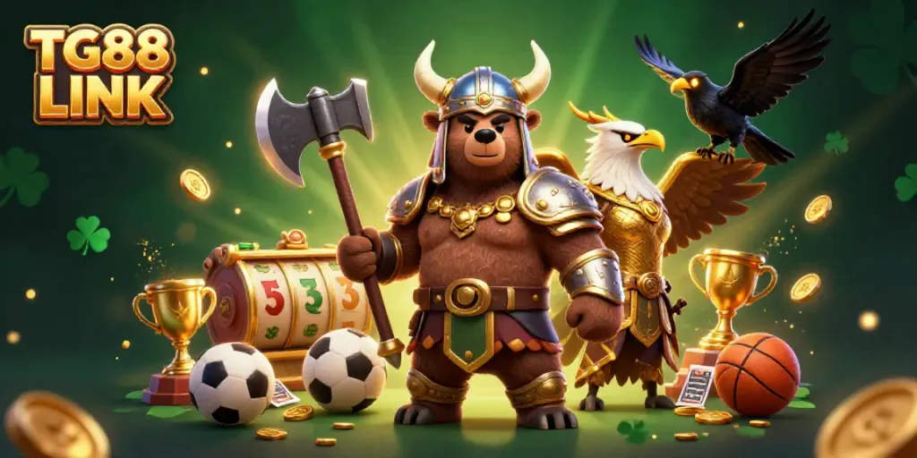 Engage with TG88 LINK in a vibrant 3D illustration depicting a Viking berserker bear and Valkyrie eagle in a casino-themed battle.