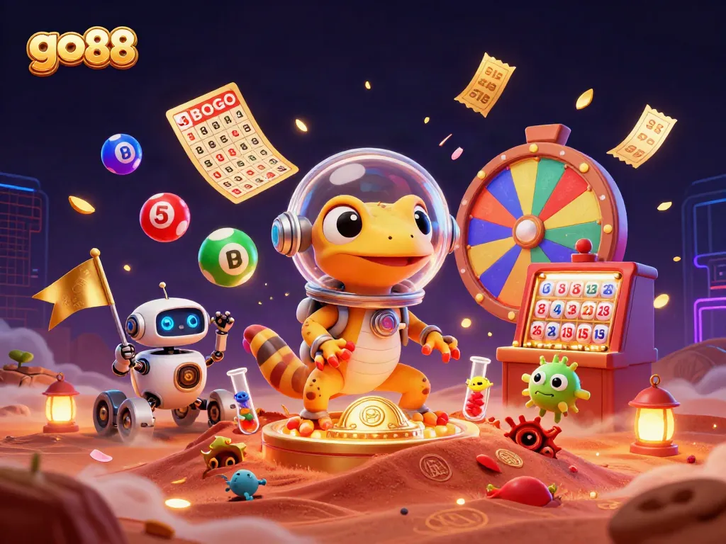 Chơi game vui nhộn "go 88" với gecko vũ trụ tìm thấy casino vàng giữa cát đỏ.