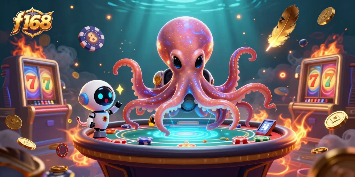 Experience the excitement of f168 with a vibrant 3D casino scene featuring an alien octopus and gaming elements.