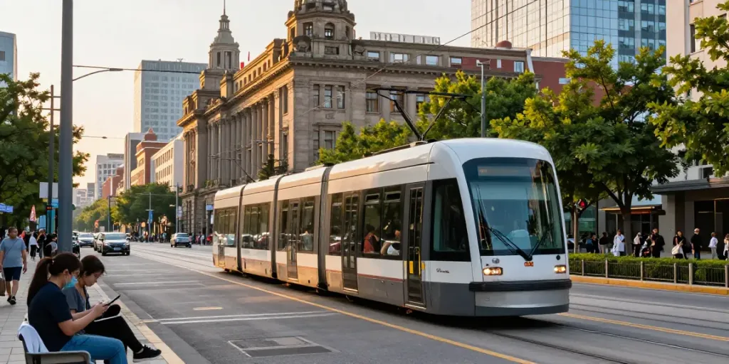 Modern streetcar scene highlighting urban mobility at streek.ca during golden hour with commuters.
