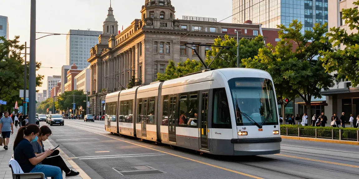 Modern streetcar scene highlighting urban mobility at streek.ca during golden hour with commuters.