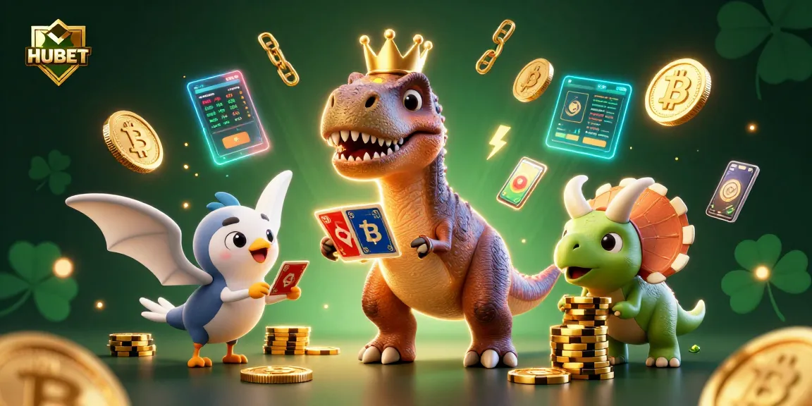 HUBET illustration showcasing a fun casino scene with a dinosaur shuffle cards and a playful helper.