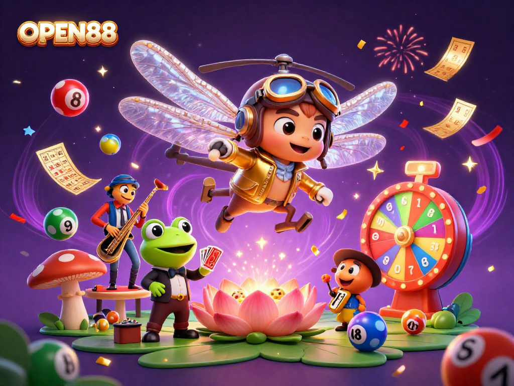 Experience the excitement of OPEN88 casino with a vibrant illustration featuring a dragonfly pilot and frog croupier.