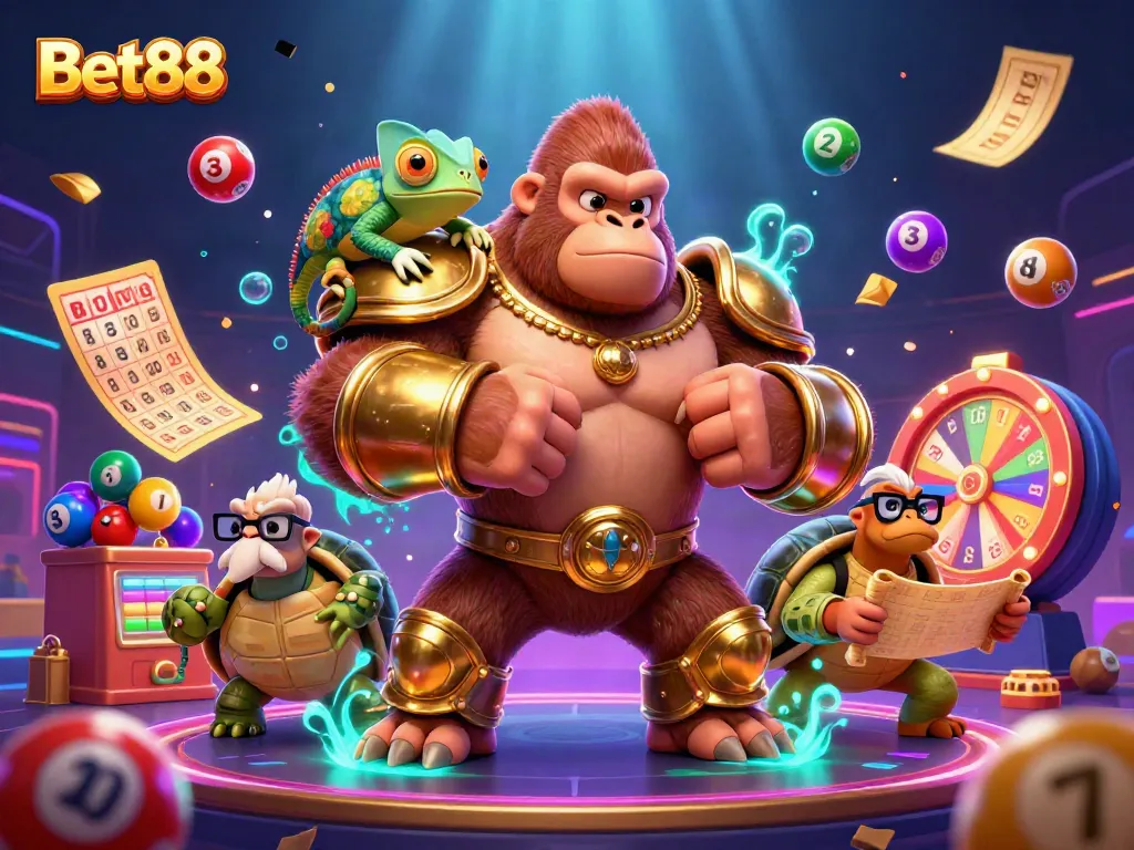 Chơi Bet88 với hình ảnh vui nhộn của vua gorilla, tắc kè và rùa, vật phẩm sôi động xung quanh.