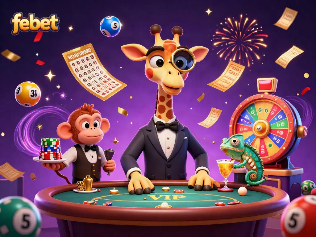 Experience the excitement of gambling at febet with a lively 3D illustration of animated characters amidst vibrant casino elements.